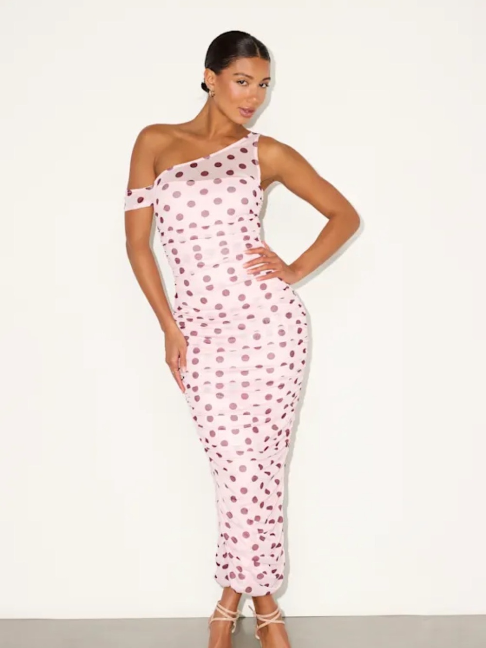 Lulu's Pink One-Shoulder Polka Dot Midi Dress
